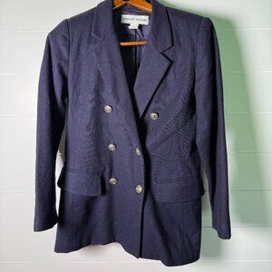 Adolfo Studio Blazer 10 Petite Navy Double Breasted Great Buttons 100% Wool